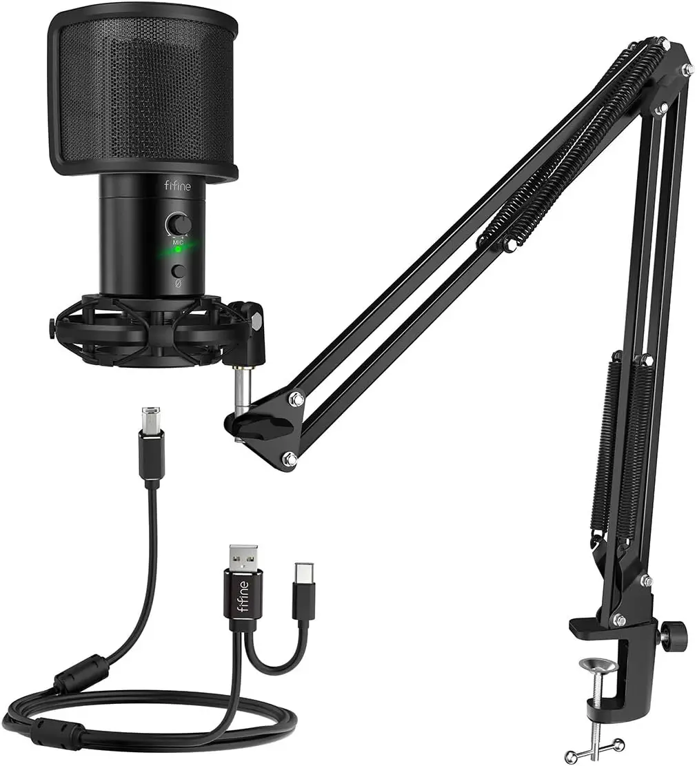 Roll over image to zoom in FIFINE USB Gaming Streaming Microphone Kit for PC Computer Condenser Mic Set with Arm Stand Mute Button Gain