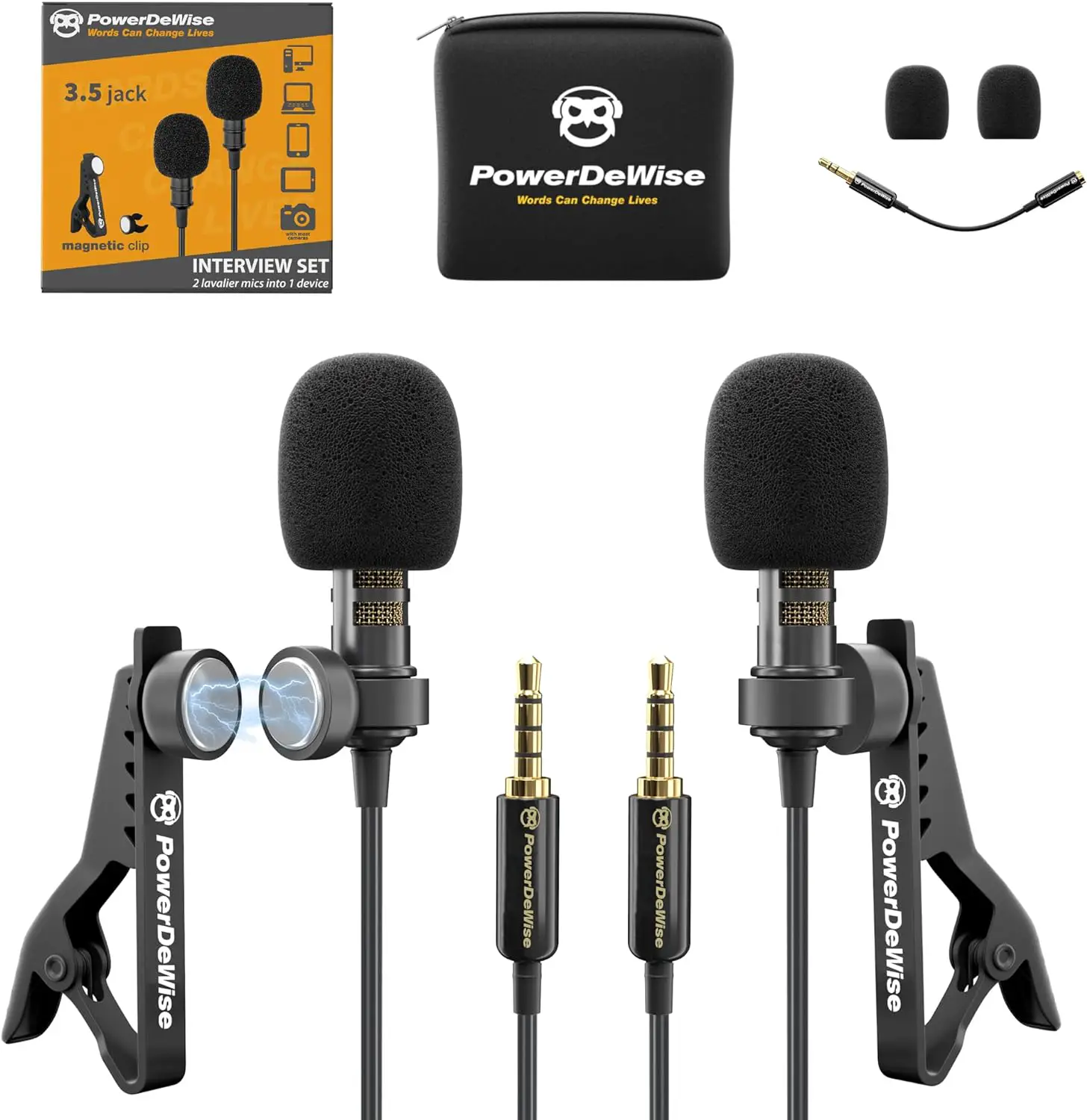 PowerDeWise Professional Grade 2 Lavalier Clip On Microphones Set for Dual Interview Double Lav Lapel Microphone