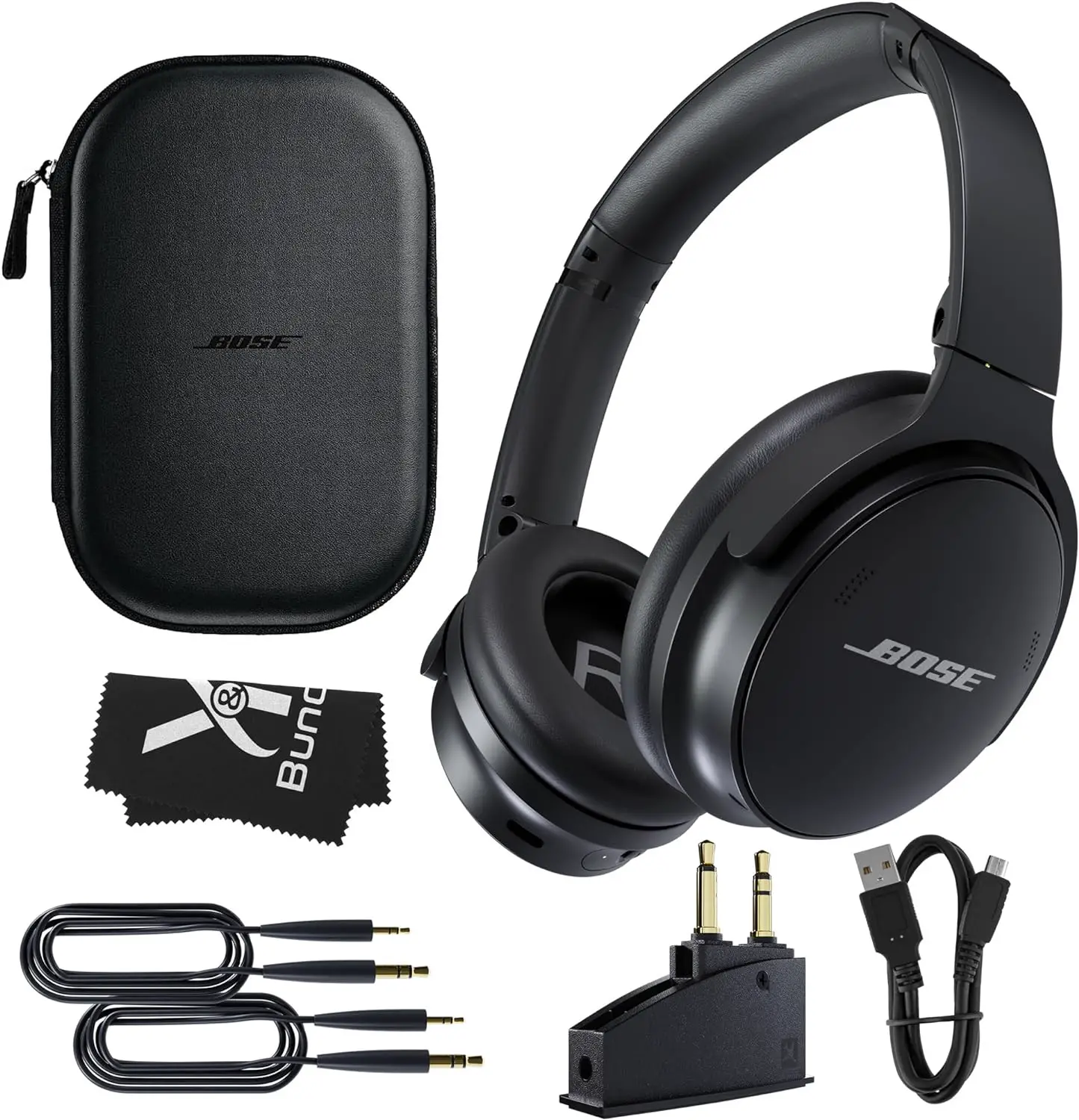 Bose QuietComfort 45 Headphones Bundle with QC15 Airplane Jack Adapter Audio Cable Cloth Bluetooth Wireless Noise Canceling Headphones Over Ear Headphones Bose Noise Cancelling Headphones Black