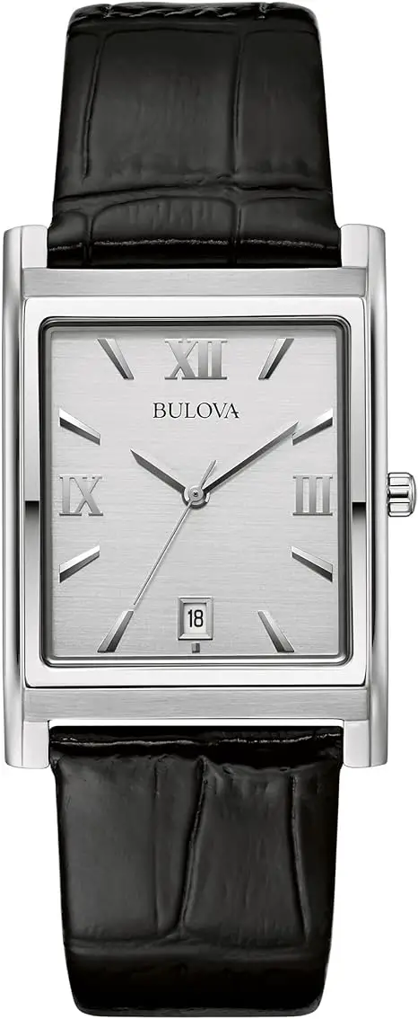 Bulova Men's Stainless Steel 3-Hand Calendar Date Quartz Watch with Black Leather Strap, Rectangle Dial Style: 96B107
